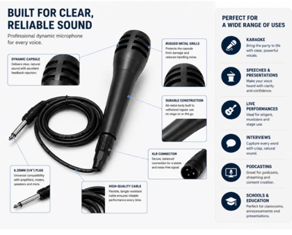 Professional Wired Dynamic Microphone with 6.35mm Plug, Cardioid Polar Pattern, Clear Vocal Sound for Karaoke, Singing, Live Performance, Podcasting, Speeches & Public Address Systems