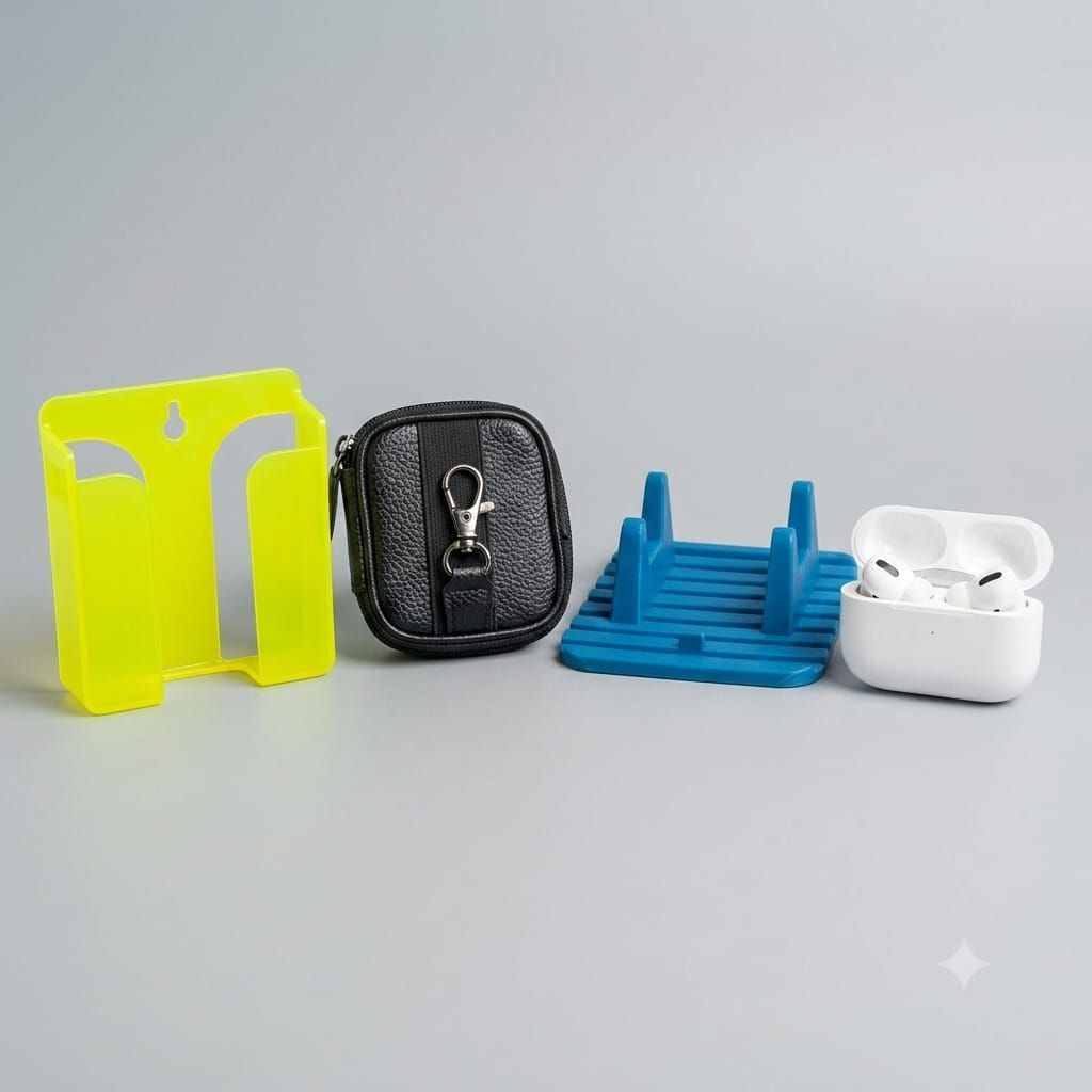 Mobile Accessories Combo Set with TrueWireless Earbuds, Leather Pouch for Earbuds and Table Mobile Stand, Wall Mount Mobile Stand
