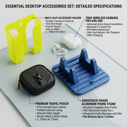 Mobile Accessories Combo Set with TrueWireless Earbuds, Leather Pouch for Earbuds and Table Mobile Stand, Wall Mount Mobile Stand