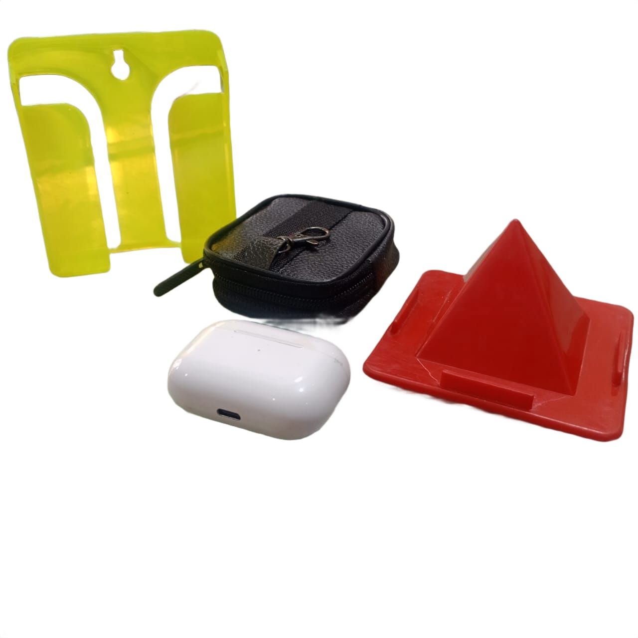 Mobile Accessories Combo Set with TrueWireless Earbuds, Leather Pouch for Earbuds and Tabler& Mobile Stand, Wall Mount Mobile Stand