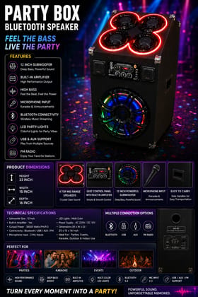  Party Box Bluetooth Speaker with 12 Inch Subwoofer, Built-in Amplifier, High Bass, Microphone Input, 33x15x16 Inch