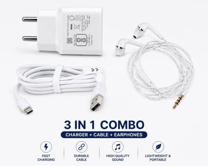 Mobile Accessory Combo Featuring a White Original Charger, USB to Type-C Cable & Wired Earphones – Best Android Combo