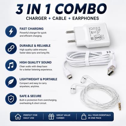 Mobile Accessory Combo Featuring a White Original Charger, USB to Type-C Cable & Wired Earphones – Best Android Combo