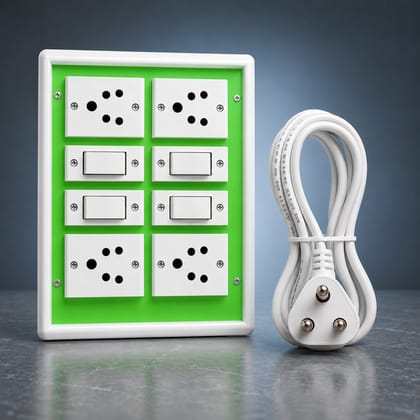 Electrical Switch Board with 4 Sockets and 4 Switches Heavy Duty Wall-Mount for Home, Office, and Commercial Use Fire Resistant,Plugs | (10 FT)
