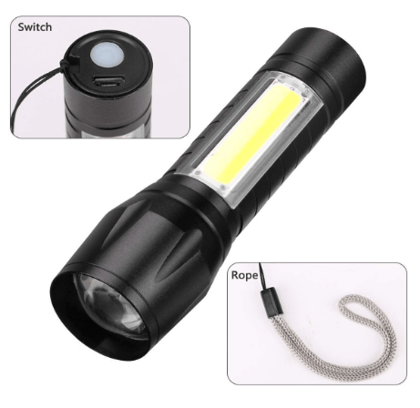 Rechargeable LED Flashlight Torch with COB Side Light | Super Bright Portable Emergency Torch for Home, Camping, Travel & Outdoor Use|rechargeable torch ,Type-C, With Torch Case